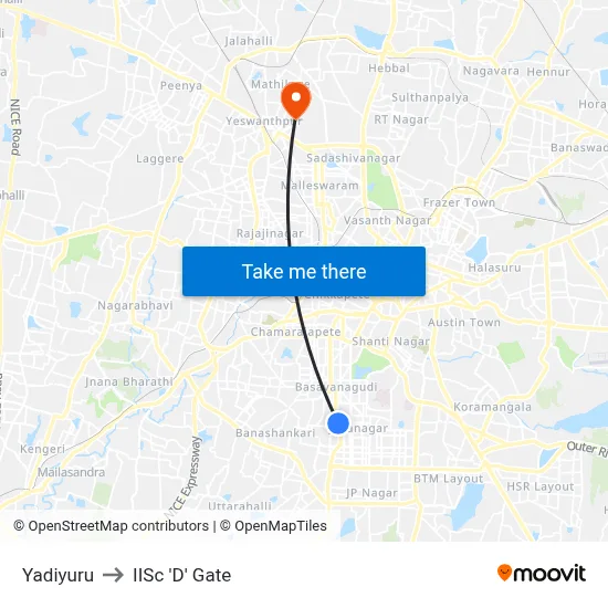 Yadiyuru to IISc 'D' Gate map
