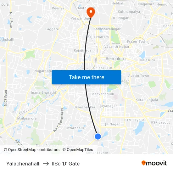 Yalachenahalli to IISc 'D' Gate map