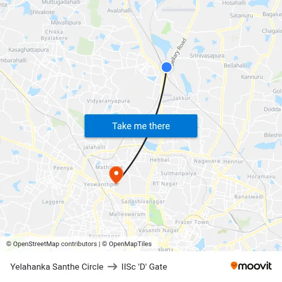 Yelahanka Santhe Circle to IISc 'D' Gate map