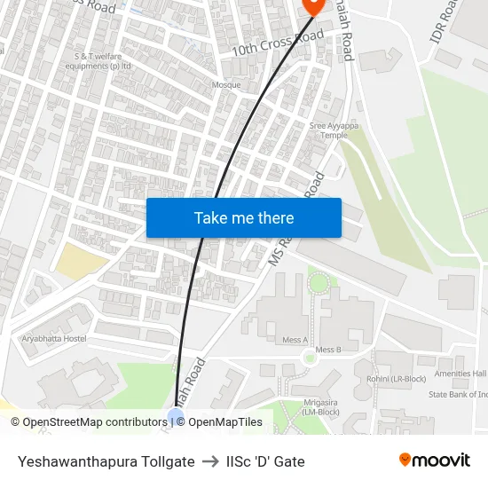 Yeshawanthapura Tollgate to IISc 'D' Gate map