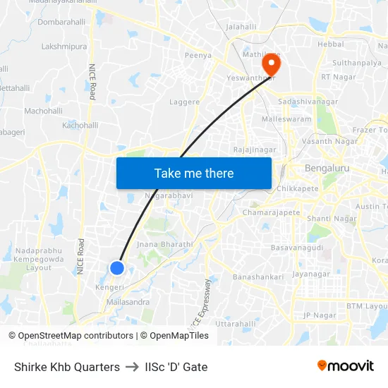 Shirke Khb Quarters to IISc 'D' Gate map