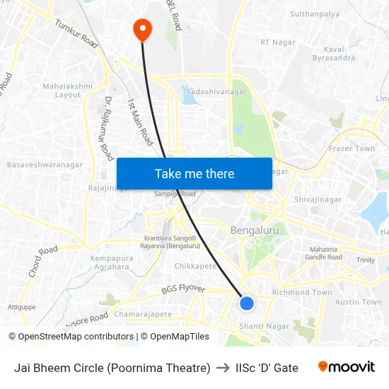 Jai Bheem Circle (Poornima Theatre) to IISc 'D' Gate map