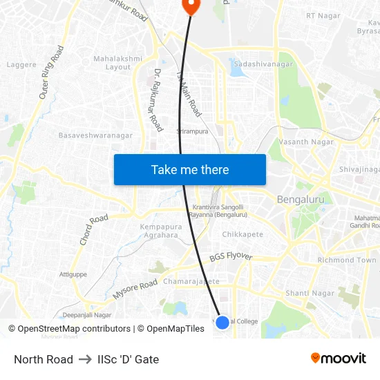 North Road to IISc 'D' Gate map