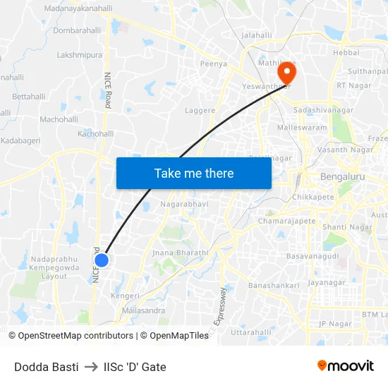 Dodda Basti to IISc 'D' Gate map