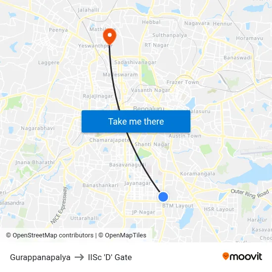Gurappanapalya to IISc 'D' Gate map