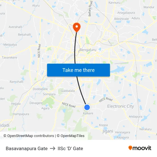 Basavanapura Gate to IISc 'D' Gate map