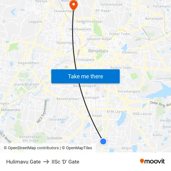 Hulimavu Gate to IISc 'D' Gate map