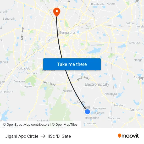 Jigani Apc Circle to IISc 'D' Gate map