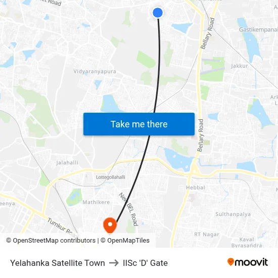 Yelahanka Satellite Town to IISc 'D' Gate map