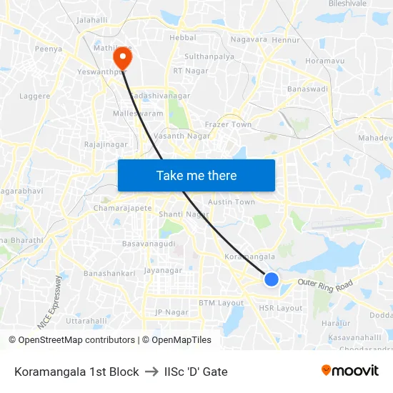 Koramangala 1st Block to IISc 'D' Gate map