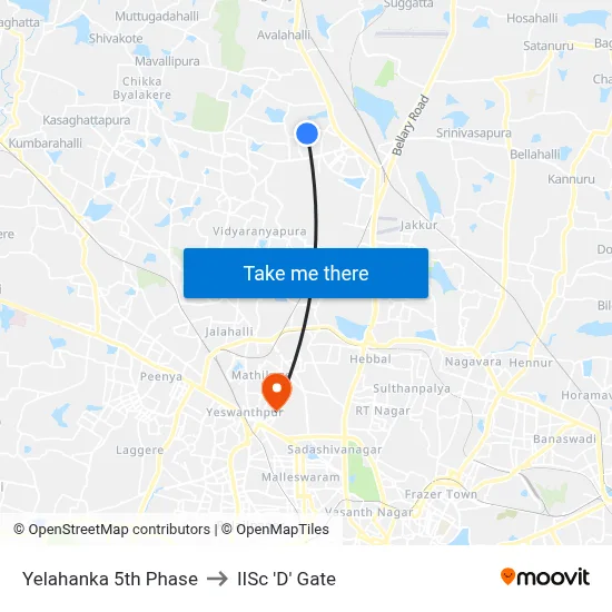 Yelahanka 5th Phase to IISc 'D' Gate map