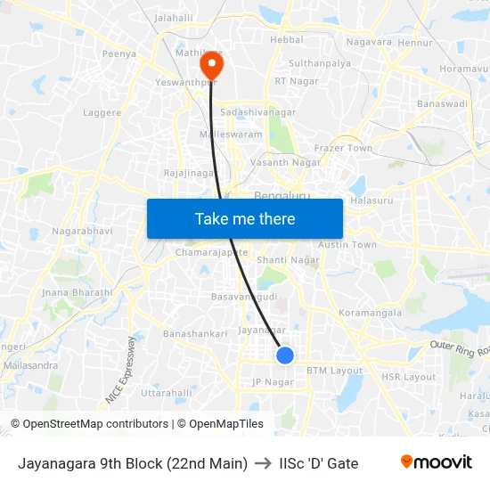 Jayanagara 9th Block (22nd Main) to IISc 'D' Gate map