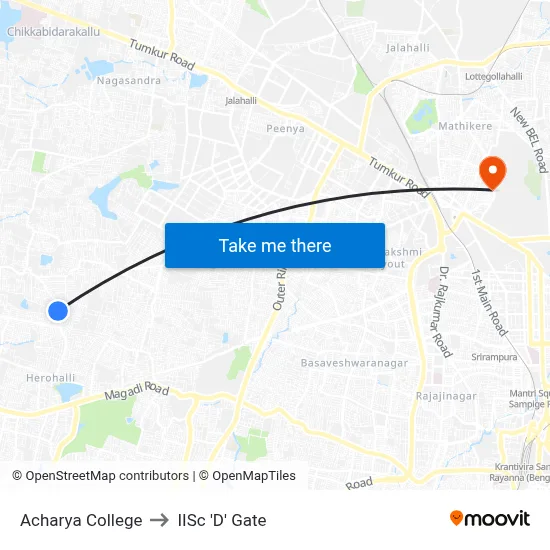 Acharya College to IISc 'D' Gate map