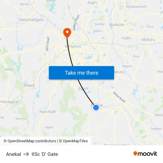 Anekal to IISc 'D' Gate map