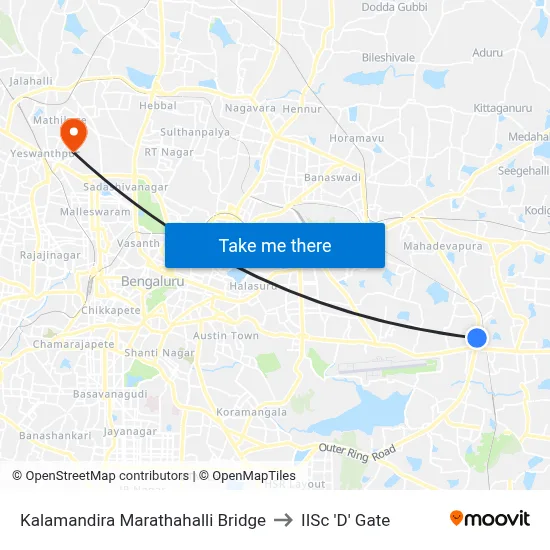 Kalamandira Marathahalli Bridge to IISc 'D' Gate map