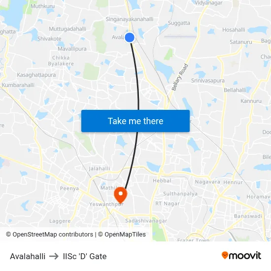 Avalahalli to IISc 'D' Gate map
