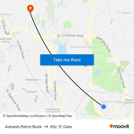 Avinash Petrol Bunk to IISc 'D' Gate map