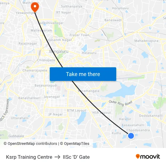 Ksrp Training Centre to IISc 'D' Gate map