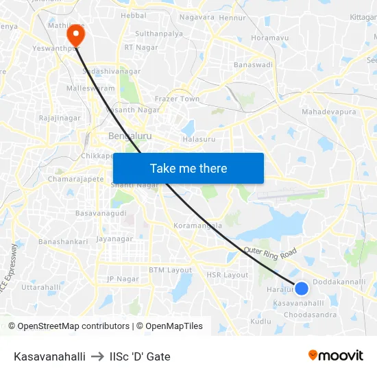 Kasavanahalli to IISc 'D' Gate map