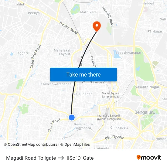 Magadi Road Tollgate to IISc 'D' Gate map