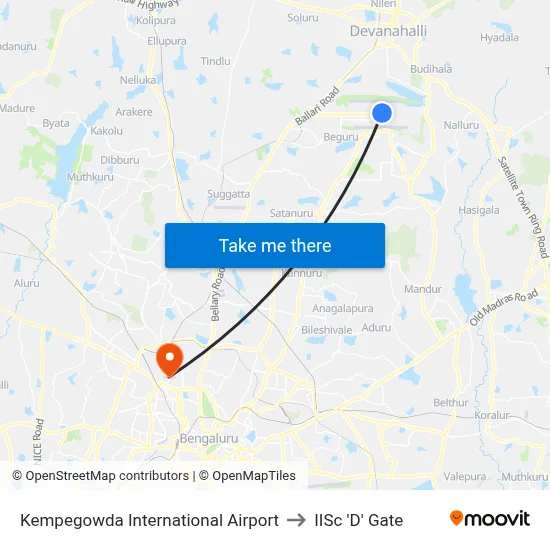 Kempegowda International Airport to IISc 'D' Gate map