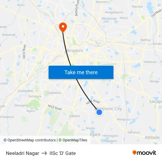 Neeladri Nagar to IISc 'D' Gate map