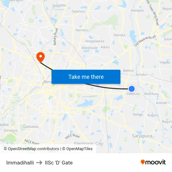 Immadihalli to IISc 'D' Gate map