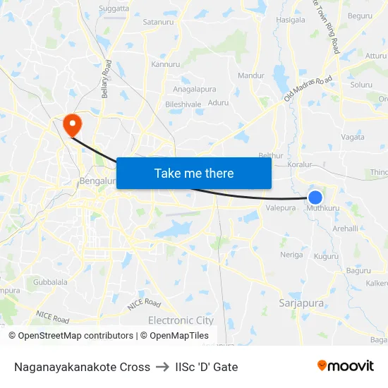 Naganayakanakote Cross to IISc 'D' Gate map