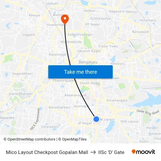 Mico Layout Checkpost Gopalan Mall to IISc 'D' Gate map