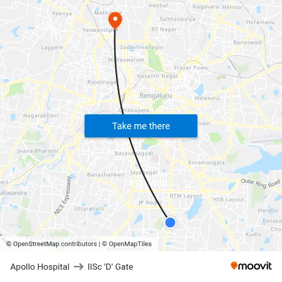 Apollo Hospital to IISc 'D' Gate map