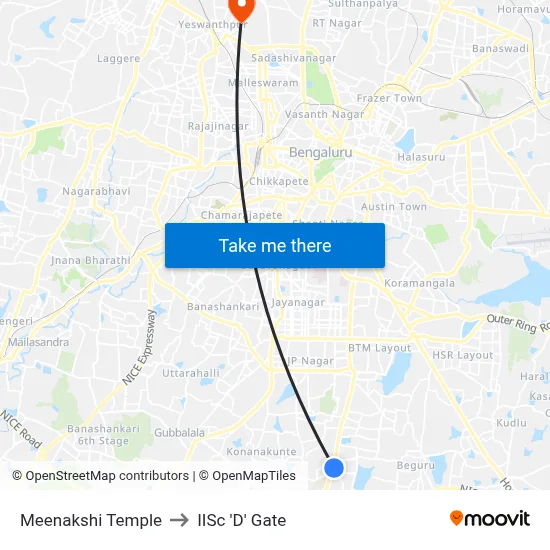 Meenakshi Temple to IISc 'D' Gate map