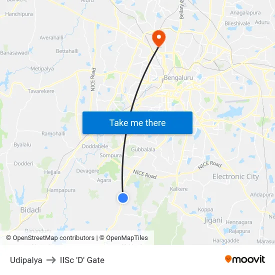 Udipalya to IISc 'D' Gate map
