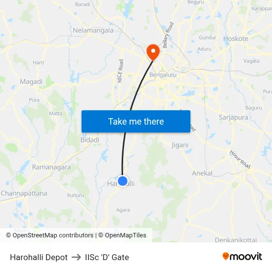 Harohalli Depot to IISc 'D' Gate map