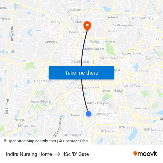 Indira Nursing Home to IISc 'D' Gate map