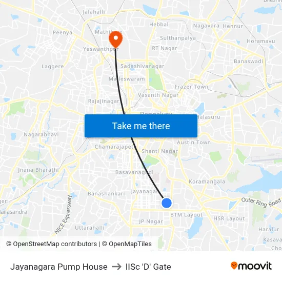 Jayanagara Pump House to IISc 'D' Gate map