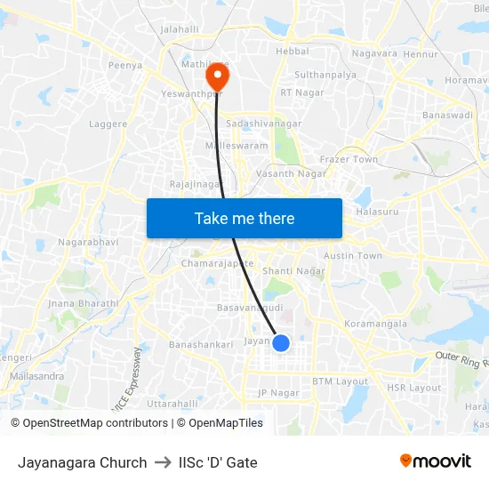 Jayanagara Church to IISc 'D' Gate map