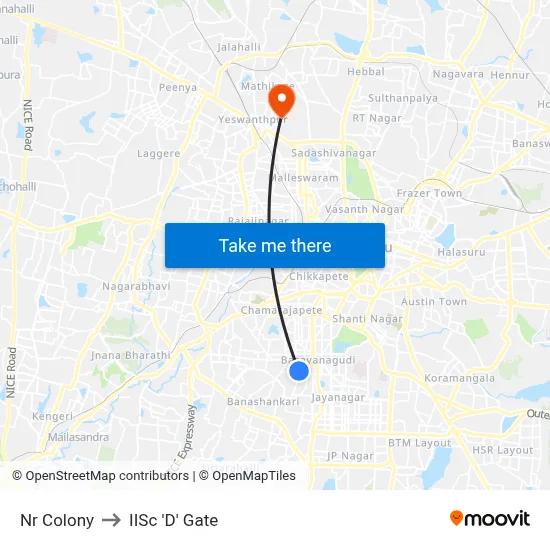 Nr Colony to IISc 'D' Gate map