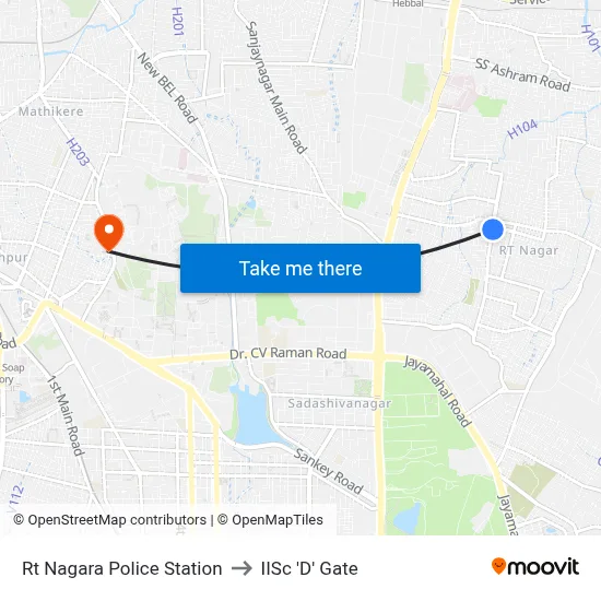 Rt Nagara Police Station to IISc 'D' Gate map