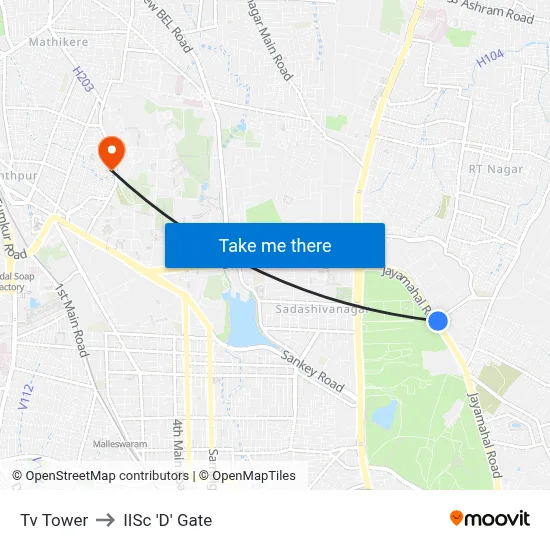 Tv Tower to IISc 'D' Gate map