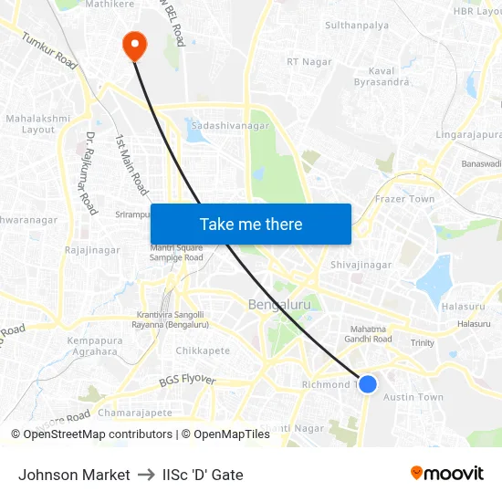 Johnson Market to IISc 'D' Gate map