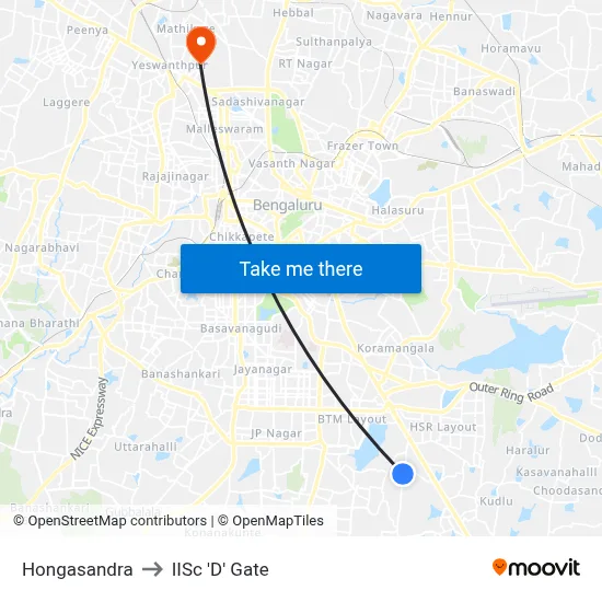 Hongasandra to IISc 'D' Gate map