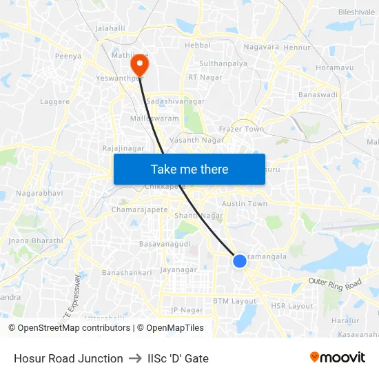 Hosur Road Junction to IISc 'D' Gate map