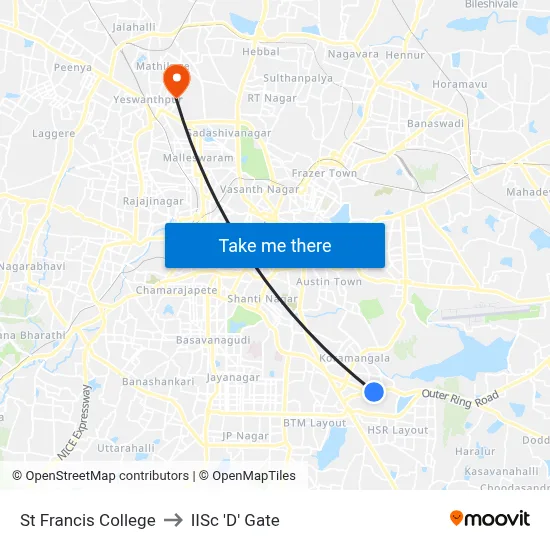 St Francis College to IISc 'D' Gate map