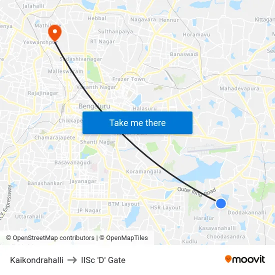 Kaikondrahalli to IISc 'D' Gate map