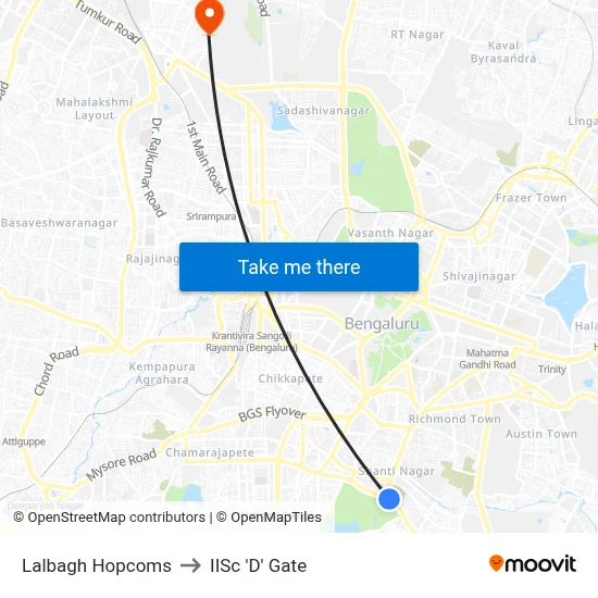 Lalbagh Hopcoms to IISc 'D' Gate map
