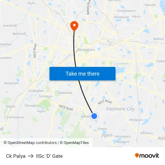 Ck Palya to IISc 'D' Gate map