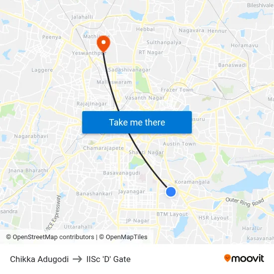 Chikka Adugodi to IISc 'D' Gate map