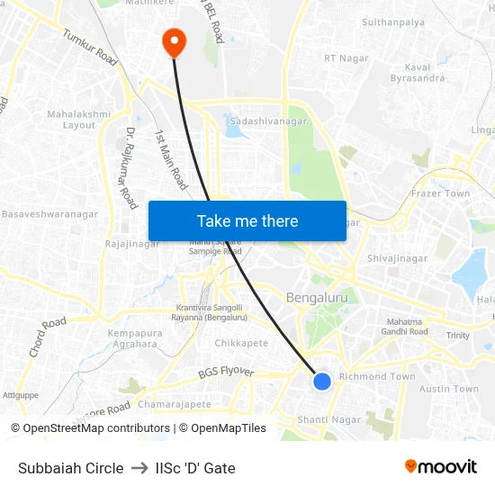 Subbaiah Circle to IISc 'D' Gate map