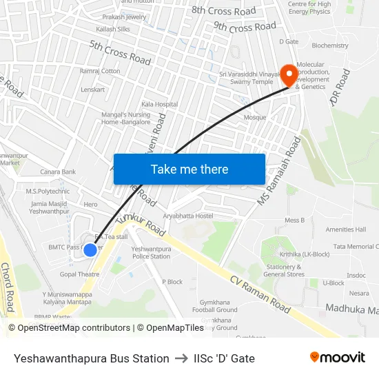 Yeshawanthapura Bus Station to IISc 'D' Gate map