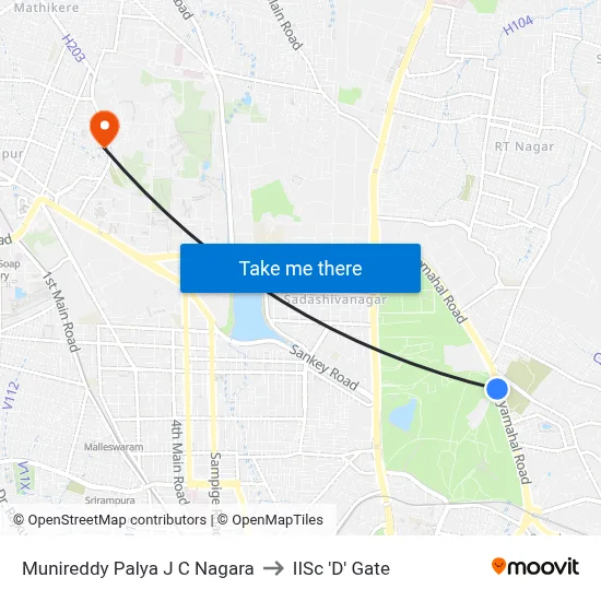 Munireddy Palya J C Nagara to IISc 'D' Gate map